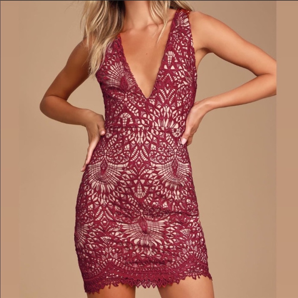 Lulus Truly Beloved Red Lace Deep V Bodycon Dress